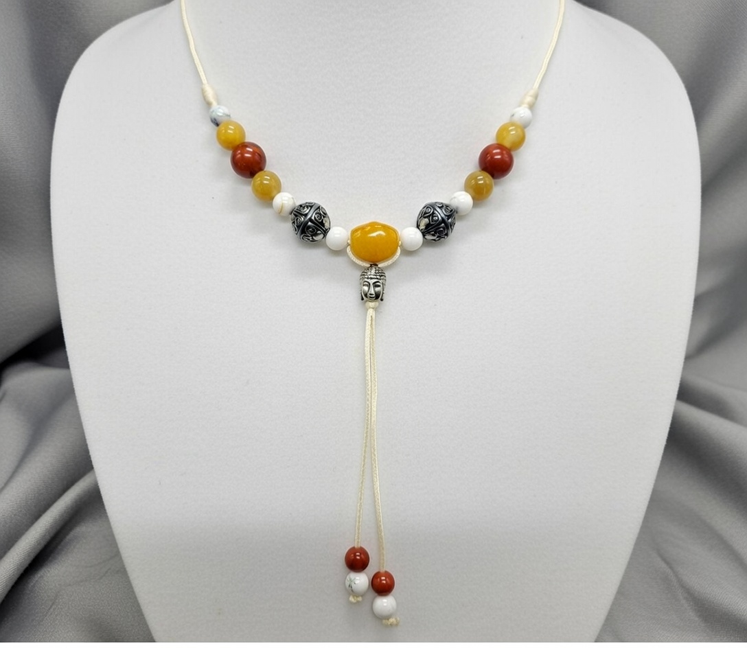 Collier jade jaune-jaspe rouge-howlite 6-8-10mm